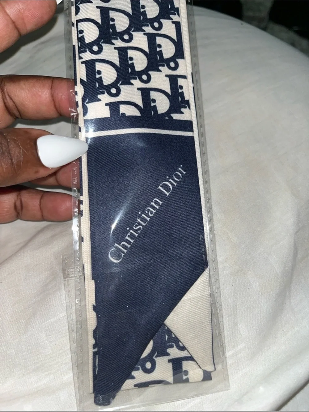 Dior  Navy & Cream Logo Twilly Scarf